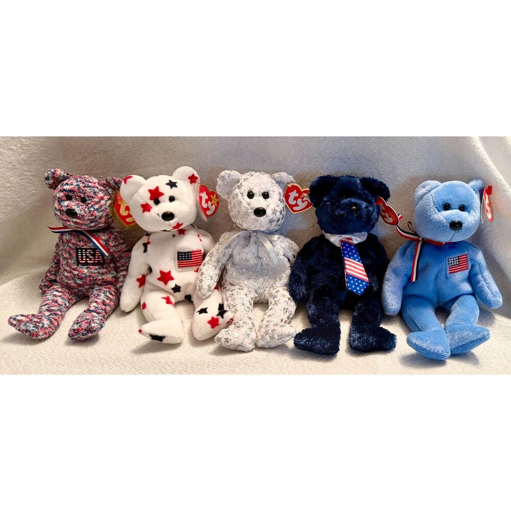 Lot of American red white and blue TY Beanie Baby Bears MWMT's